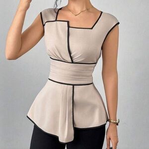 SHEIN Tan Peplum Top w/ Black Piping Size Small